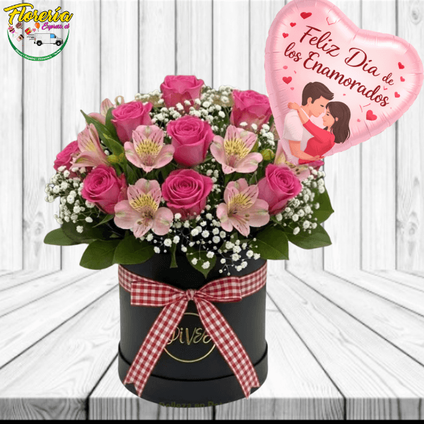 BOX DIA DE LOS ENAMORADOS 10 ROSAS Y GLOBO - Imagen 1