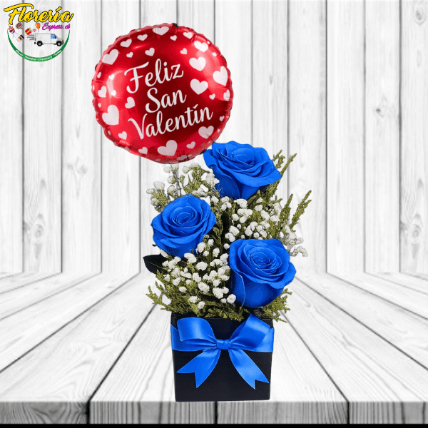 DIA DE LOS ENAMORADOS BOX 3 ROSAS AZULES Y GLOBO - Imagen 1