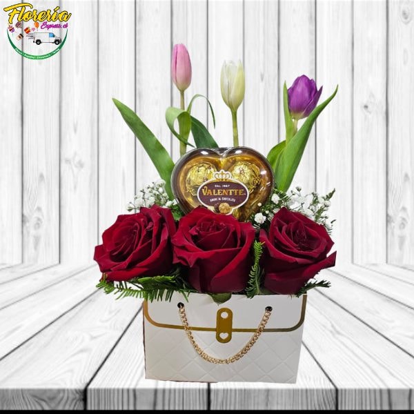 CARTERA 3 ROSAS 3 TULIPANES MIX Y BOMBONES VALENTTTE 3 UND - Imagen 1