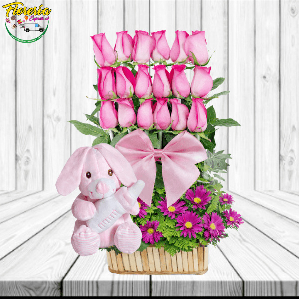 ARREGLO PARA NACIMIENTOS 18 ROSAS LINEAL PELUCHE 25CM - Imagen 1