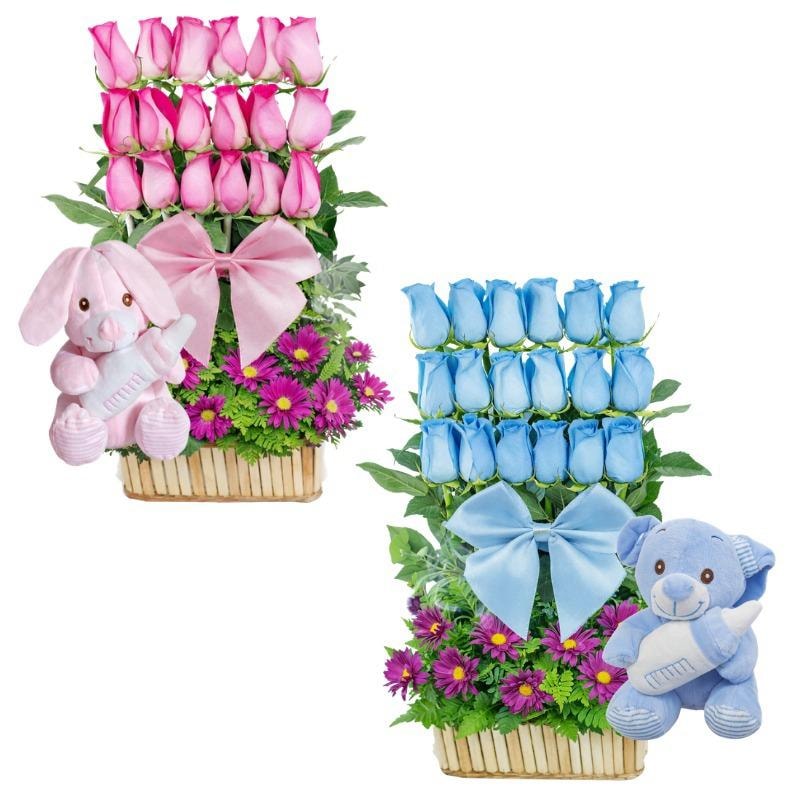 ARREGLO PARA NACIMIENTO 18 ROSAS LINEAL PELUCHE 25CM - Imagen 1