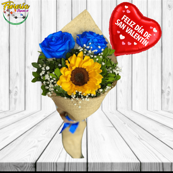 RAMO CON ARPILLERA 2 ROSAS AZULES 1 GIRASOL GLOBITO - Imagen 1