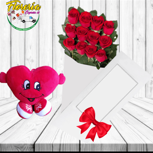 CAJA VISORA 12 ROSAS Y PELUCHE CORAZON - Imagen 1