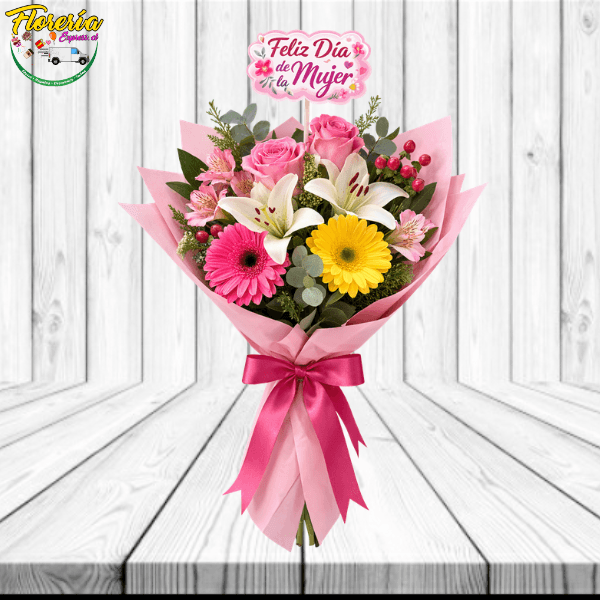 Ramo Dia de la mujer 2 rosas 2 gerberas, 2 lilium y topper - Imagen 1