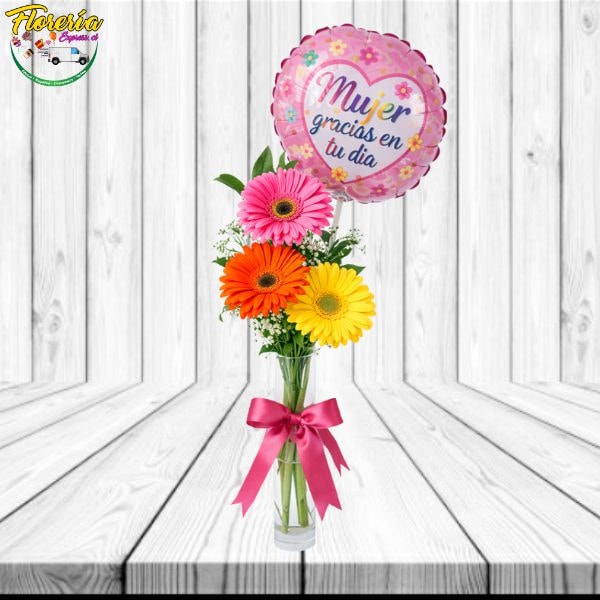 Florero de 3 gerberas y globito - Imagen 1