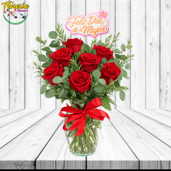 Florero dia de la mujer con 7 rosas y topper - Imagen 1