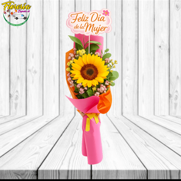 Ramo 1 Girasol, follaje y topper dia de la mujer - Imagen 1
