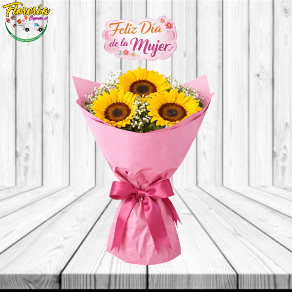 Ramo 3 girasoles y topper dia de la mujer - Imagen 1