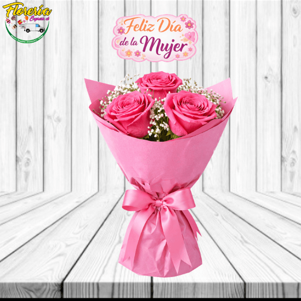 Ramo 3 rosas, follaje y topper feliz dia de la mujer - Imagen 1