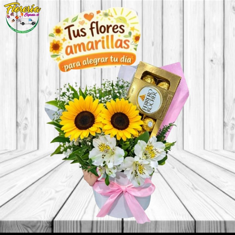 Box 2 girasoles, ferrero rocher y topper flores amarillas - Imagen 1