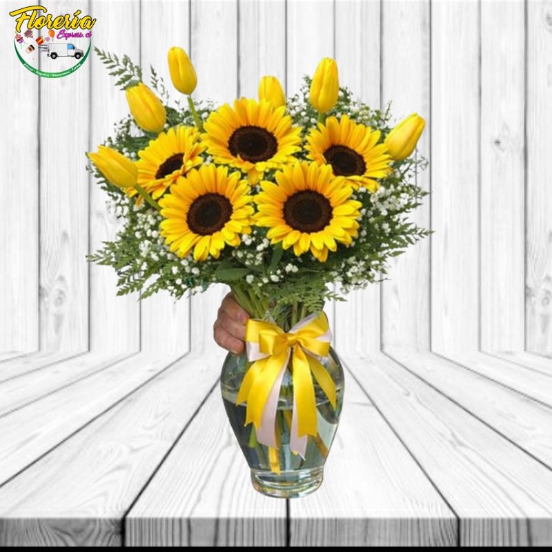 Florero flores amarillas: 6 girasoles, 6 tulipanes y follaje - Imagen 1