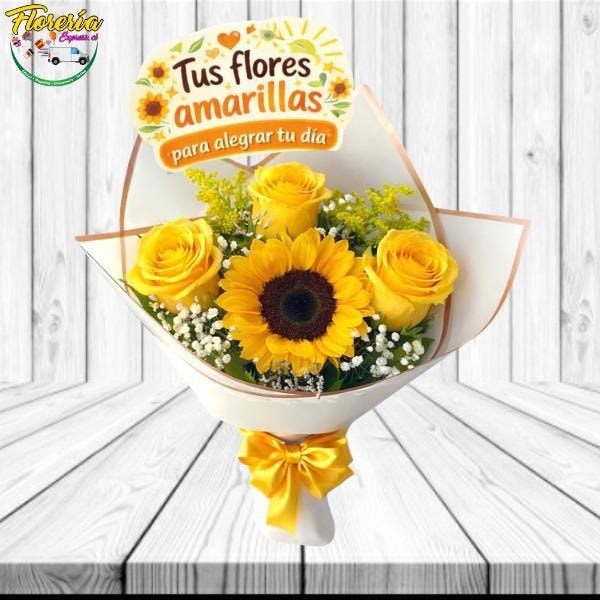 Ramo flores amarillas: 3 rosas, 1 girasol, follaje y topper - Imagen 1