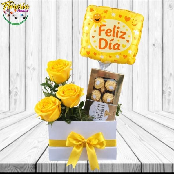 Caja rectangular de 3 rosas amarillas, bombones y globo - Imagen 1
