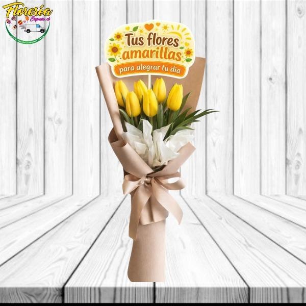 Ramo 6 tulipanes con linda envoltura y topper flores amarill - Imagen 1