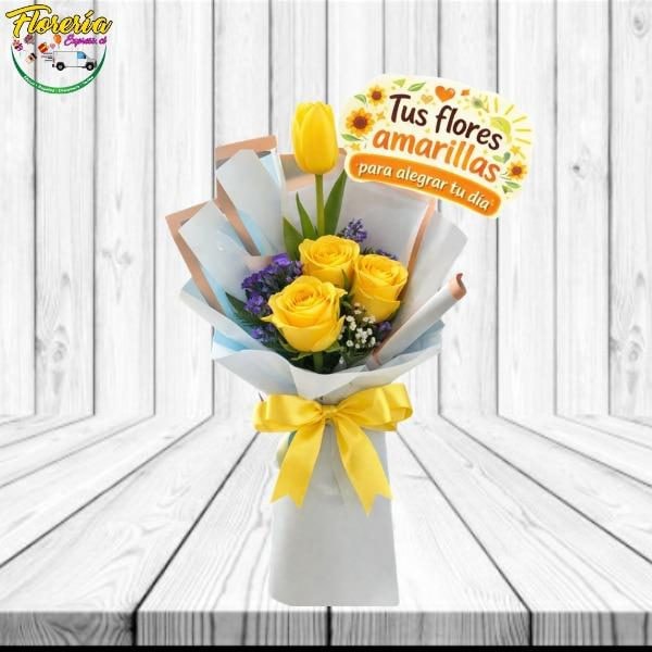 Ampliar RAMO DE 3 ROSAS, 1 TULIPAN Y TOPPER FLORES AMARILLAS - Imagen 1