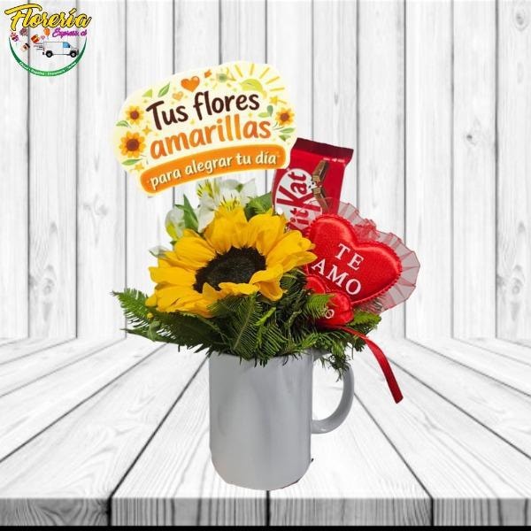 Taza con 1 girasol, 1 barra chocolate, 1 te amo y topper - Imagen 1