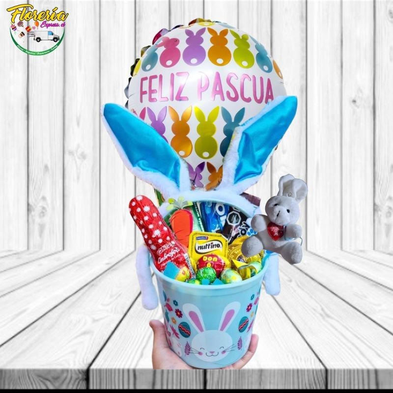 CANASTA DE HUEVOS DE PASCUA CON OREJITAS, PELUCHITO Y GLOBO - Imagen 1