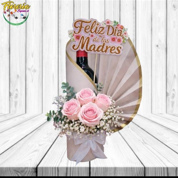 Regalo a mama: 1 botella vino 750ml, 4 rosas, 1 topper - Imagen 1