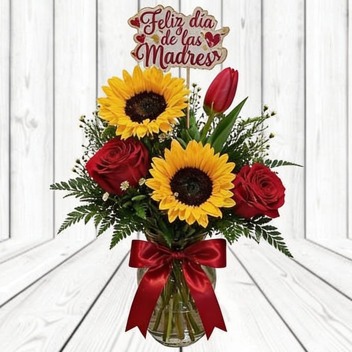 Florero 2 rosas, 2 girasoles, 1 tulipan y topper - Imagen 1