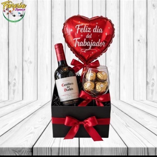Box dia trabajador: 1 vino 750, copa vino, 5 ferrero, globo - Imagen 1
