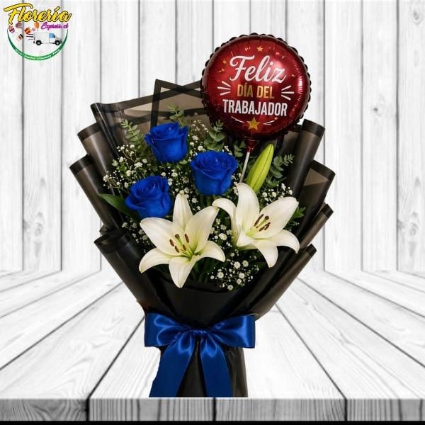 Ramo dia del trabajador con 3 rosas azules, 2 lilium y globo - Imagen 1