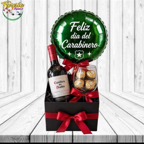 Dia del carabinero: box con 1 vino 750ml, copa, 4 bombones f - Imagen 1