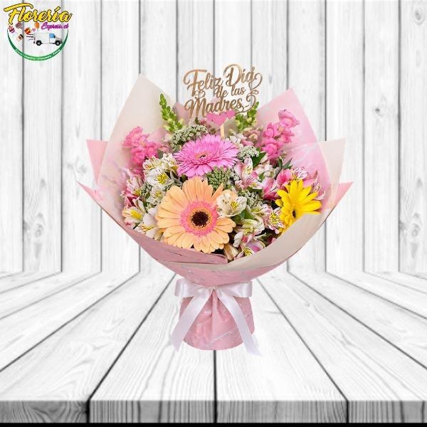 Ramo dia de madres:3 gerberas, astromelias, follaje y topper - Imagen 1