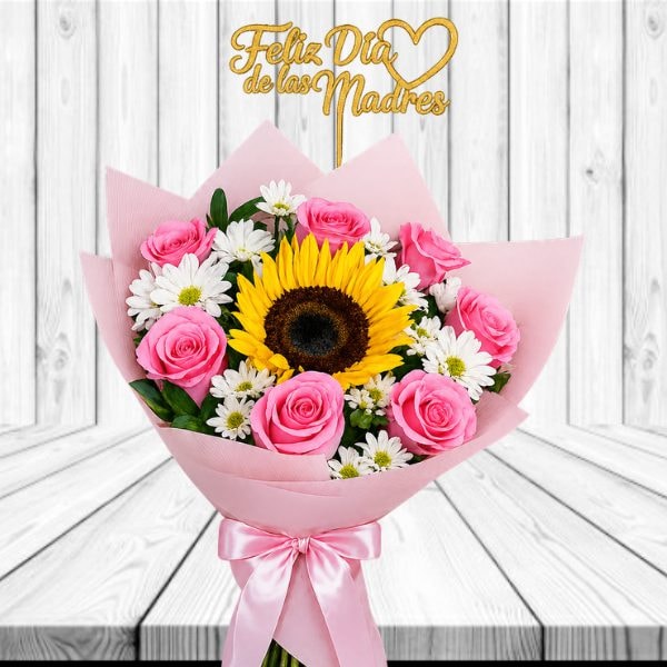 Ramo madre: 7 rosas, 1 girasol, follaje y topper - Imagen 1