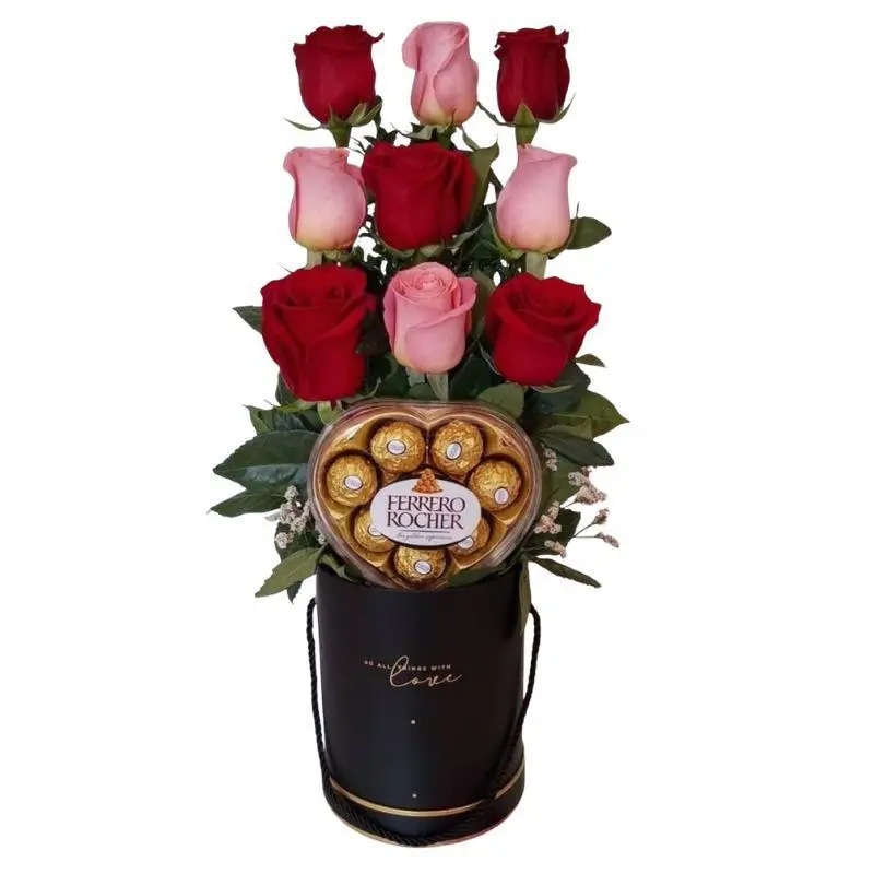 CAJA DE 9 ROSAS Y CAJA DE 8 BOMBONES
