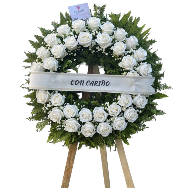 Corona condolencias de 50 rosas jabon, atril y cinta - Imagen 1