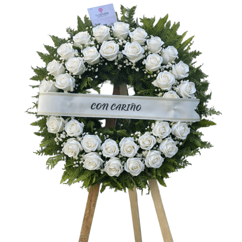 Corona condolencias de 50 rosas jabon, atril y cinta - Imagen 1