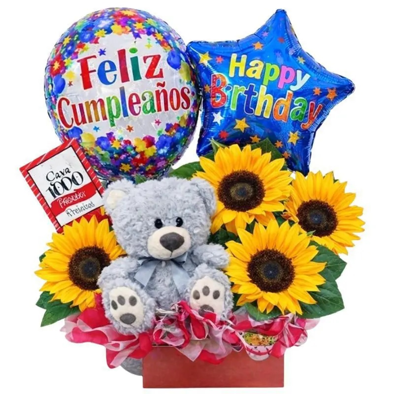 Caja cumpleaños con 4 girasoles, peluche de 25cm, bombones v