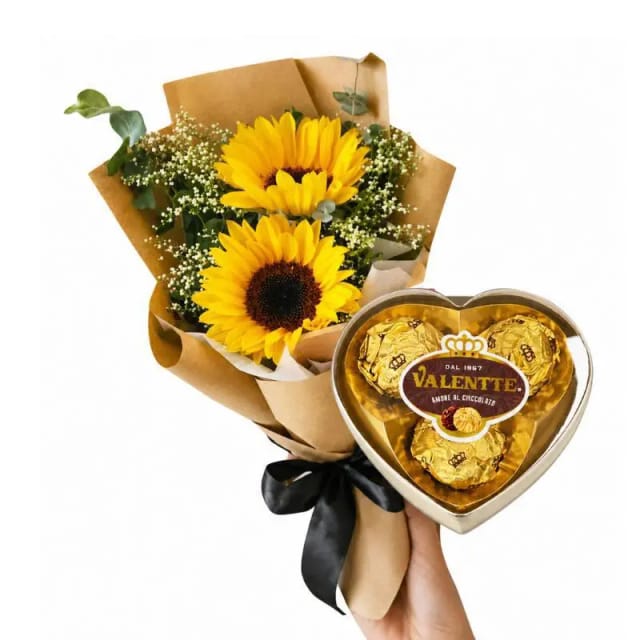 Ramo 2 girasoles y caja de bombones corazon