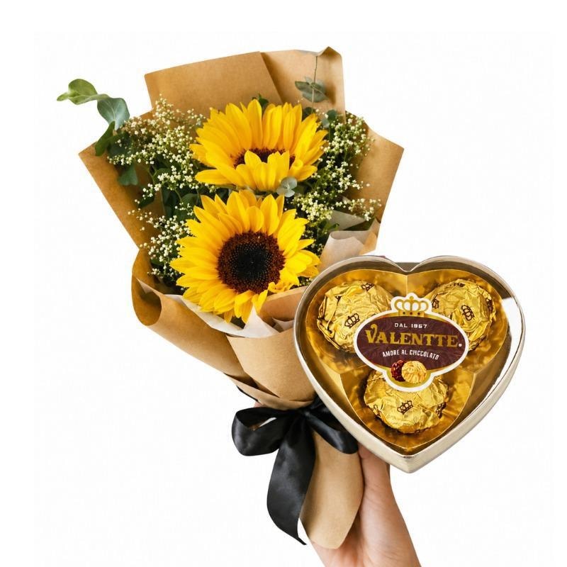 Ramo 2 girasoles y caja de bombones corazon - Imagen 1