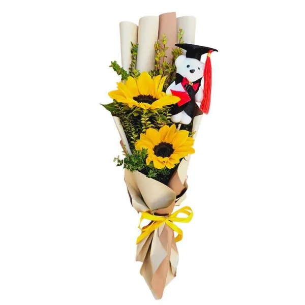 Ramo graduado con 2 girasoles y peluchito llavero graduacion