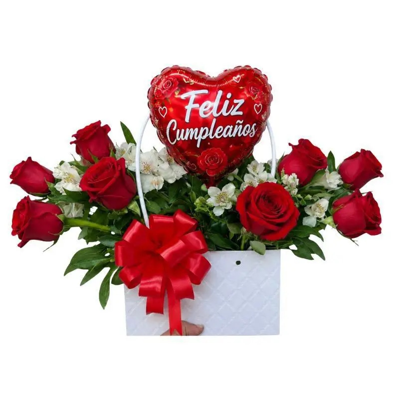 Cartera de 8 rosas, follaje y globo