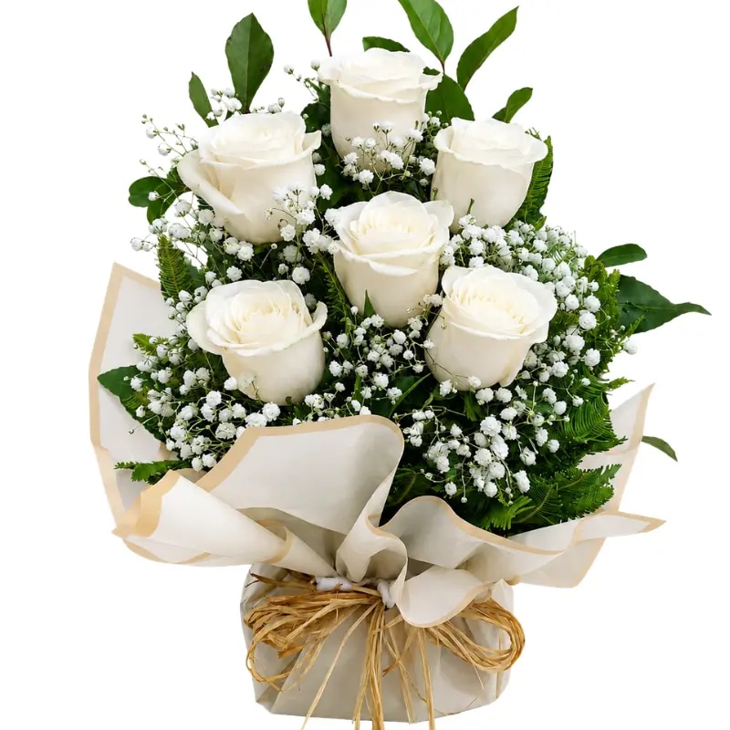ARREGLO CONDOLENCIA CON 6 ROSAS ECUATORIANAS Y BASE ENVUELTA