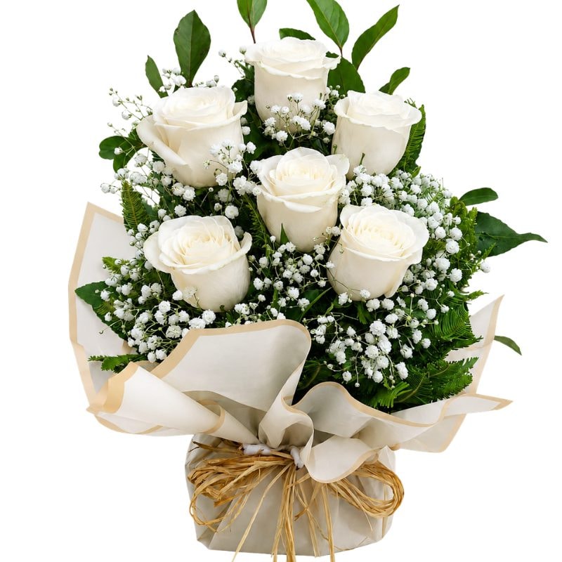 ARREGLO CONDOLENCIA CON 6 ROSAS ECUATORIANAS Y BASE ENVUELTA - Imagen 1