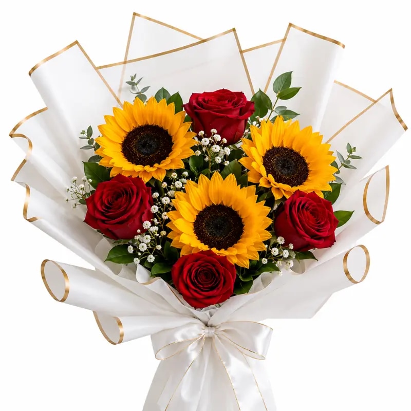 BOUQUET DE 3 GIRASOLES, 4 ROSAS, GYPSOPHILA Y FOLLAJE