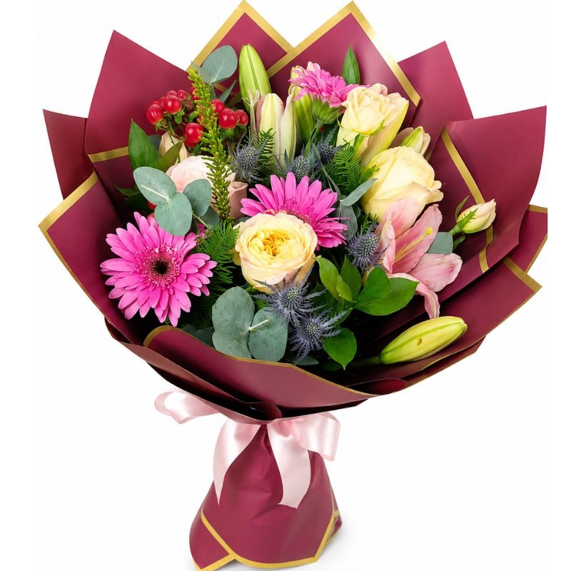 RAMO MIX FLORAL: ROSAS, GERBERAS Y LILIUM - Imagen 1