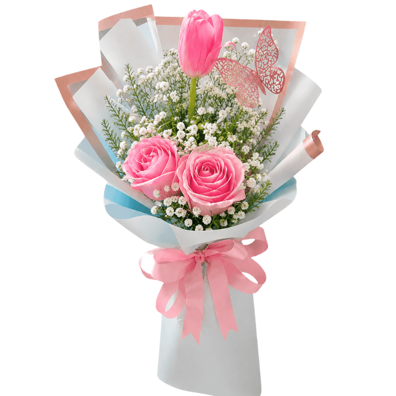RAMO DE 2 ROSAS, 1 TULIPAN, FOLLAJE Y MARIPOSA - Imagen 1