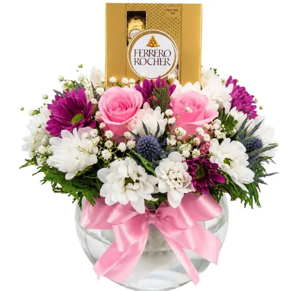 Pecera con 2 Rosas, follaje y Ferrero Rocher de 4unid