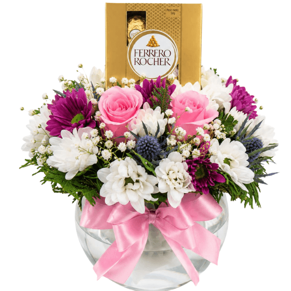 Pecera con 2 Rosas, follaje y Ferrero Rocher de 4unid - Imagen 1