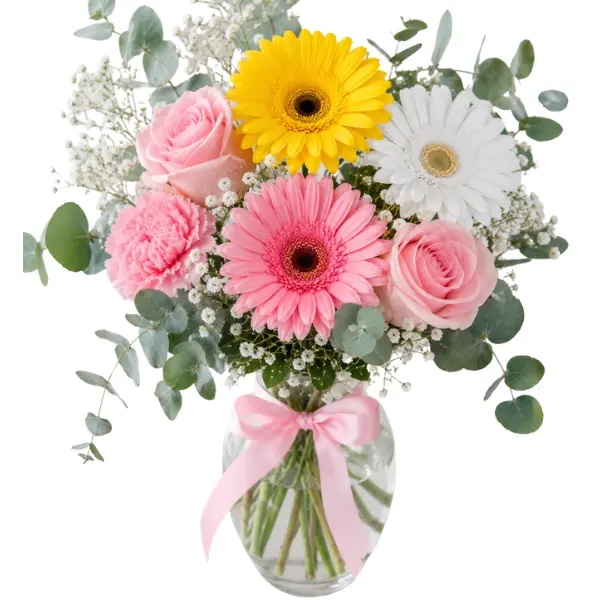 Florero de 3 gerberas, 2 rosas, clavel y follaje