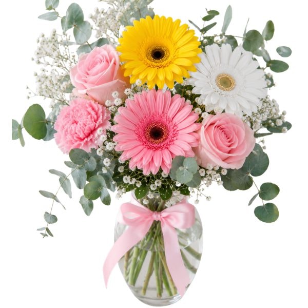 Florero de 3 gerberas, 2 rosas, clavel y follaje - Imagen 1