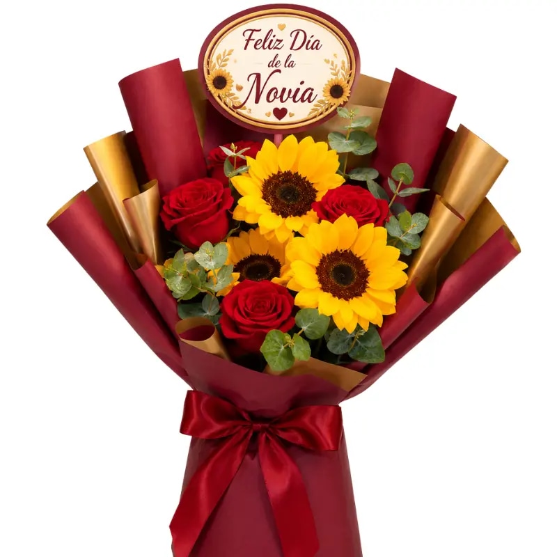 RAMO NOVIA 4 ROSAS, 3 GIRASOLES Y TOPPER