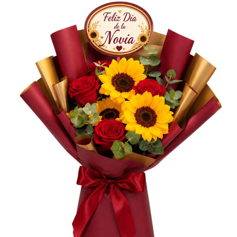 RAMO NOVIA 4 ROSAS, 3 GIRASOLES Y TOPPER - Imagen 1