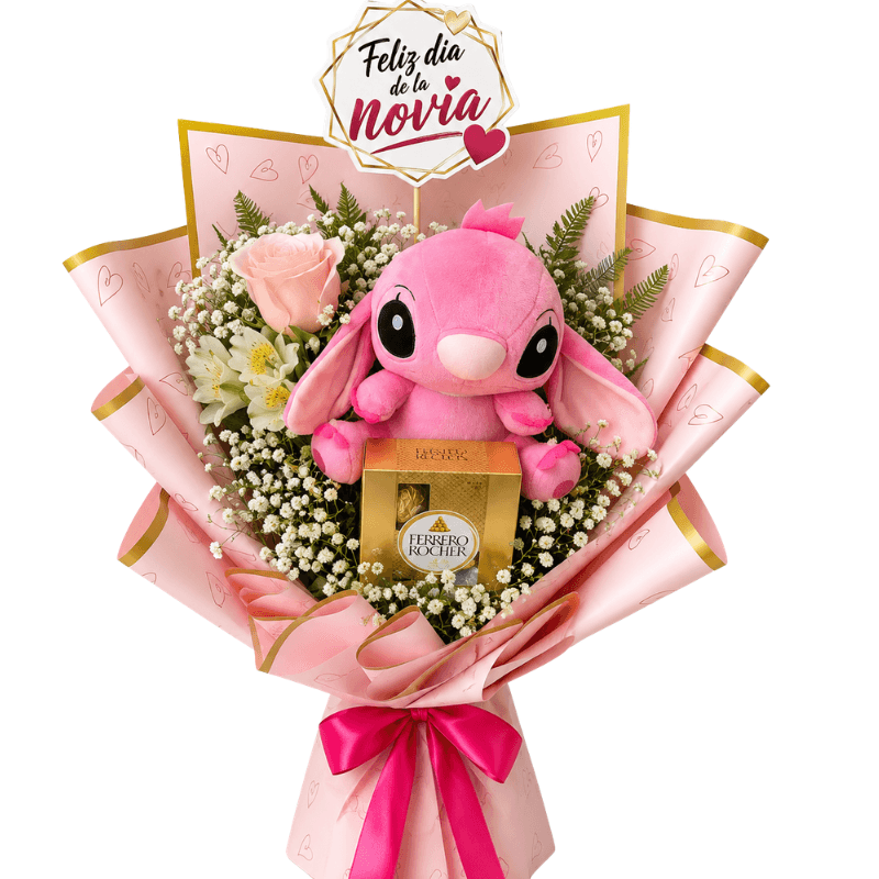RAMO NOVIA 1 ROSA, FERRERO ROCHER X4, STITCH Y TOPPER - Imagen 1