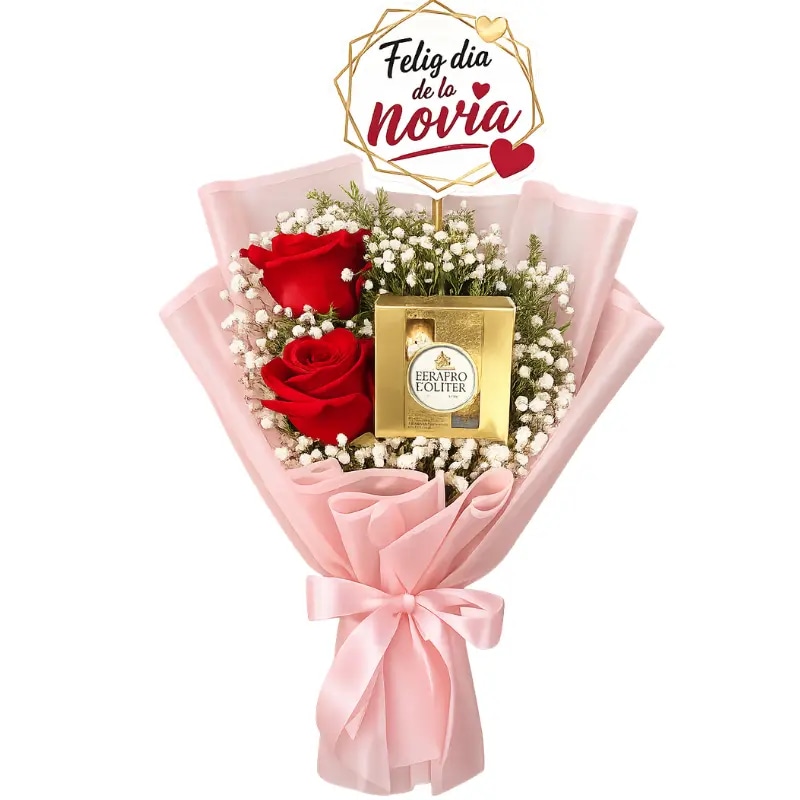 RAMO NOVIA 2 ROSAS, FERREROS ROCHER X 4 Y TOPPER