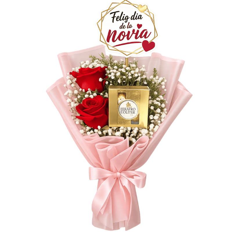 RAMO NOVIA 2 ROSAS, FERREROS ROCHER X 4 Y TOPPER - Imagen 1